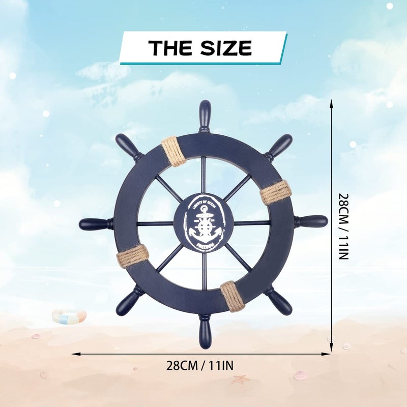 Meching عبوة 2 من عجلة سفينة خشبية بحرية 11" ومرساة خشبية 13" مع حبل زينة بحرية وزخرفة جدارية على شكل عجلة توجيه مرساة لموضوع الشاطئ في ديكور المنزل (أزرق) - Image 2